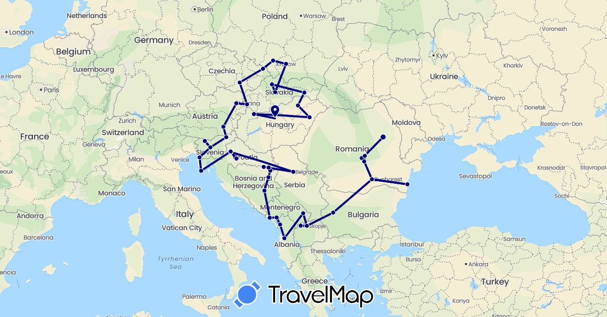 TravelMap itinerary: driving in Albania, Austria, Bosnia and Herzegovina, Bulgaria, Czech Republic, Croatia, Hungary, Montenegro, Macedonia, Poland, Romania, Serbia, Slovenia, Slovakia, Kosovo (Europe)